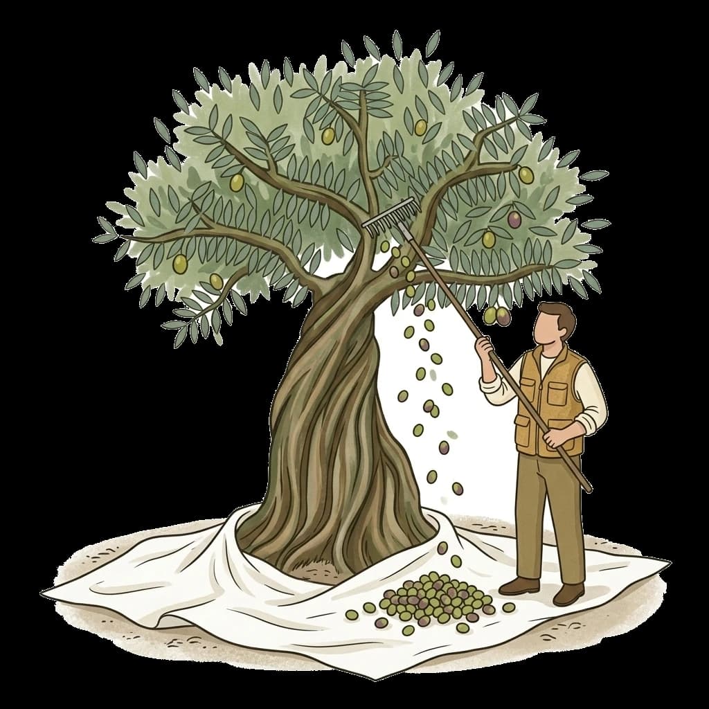 Beyaz hasat örtüsü üzerine tarakla zeytin hasadı